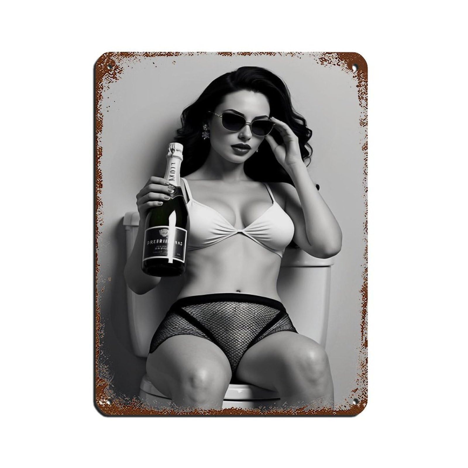 Sexy Glamorous Bold Woman with Champagne Tin Sign Vintage Metal Pub Club Cafe Bar Home Wall Art Decoration Poster Retro 12x16inch(30x40cm)