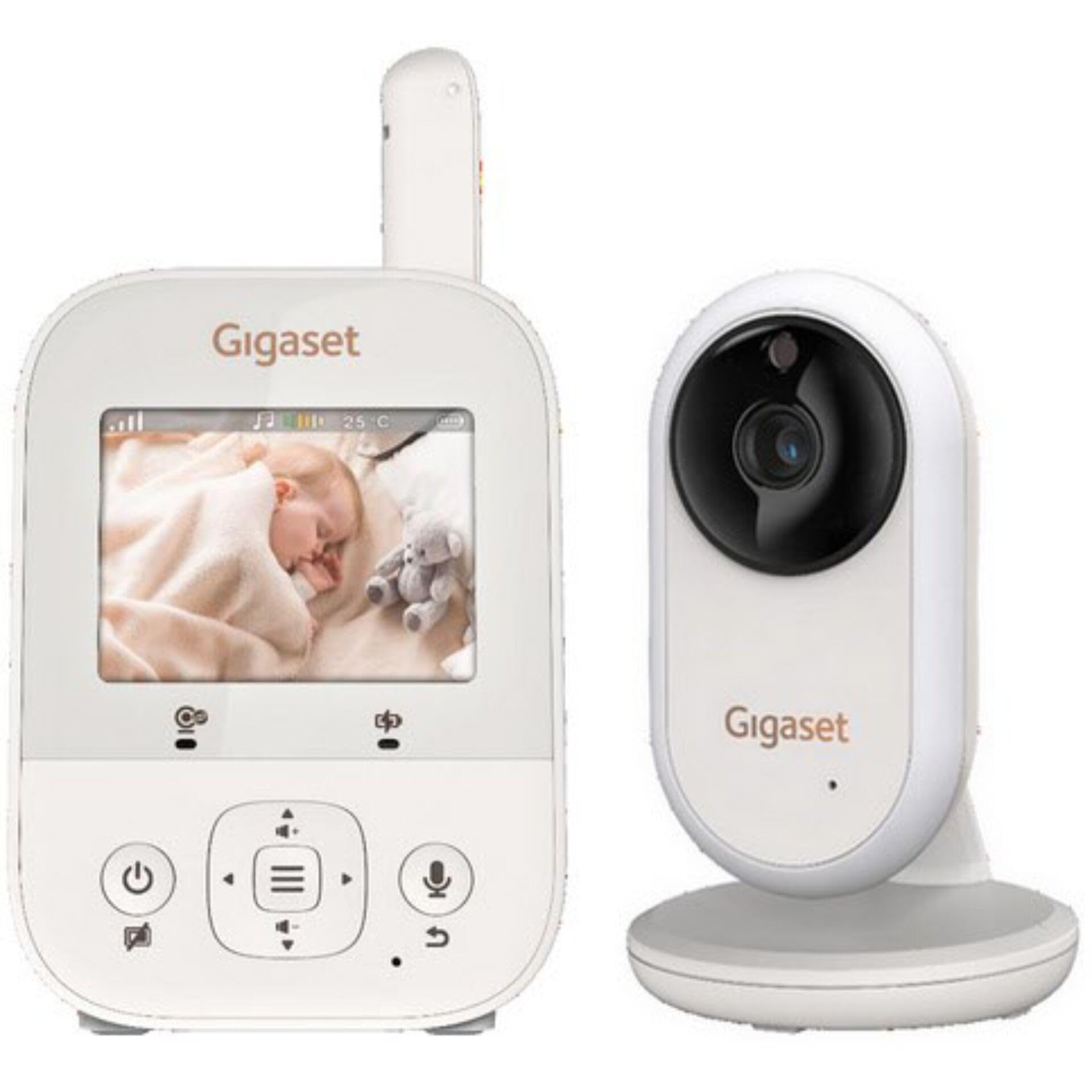Gigaset Baby 300 Video - Vigilabebés con audio bidireccional, tecnología FHSS segura, pantalla LCD de 2,8 pulgadas, batería de larga duración, sensor de temperatura de luz nocturna, color blanco crema