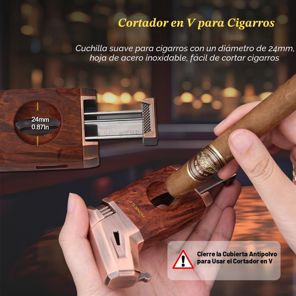 HONEST Encendedor de cigarros resistente al viento, caja cortadora de puros en V integrada, recargable, todo en uno