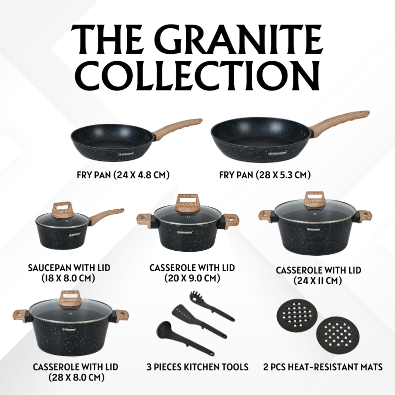 Herzberg Batterie de Cuisine 15 Pièces Aluminium Forgé HGWDMRB15, Noir | aluminium forgé, revêtement antiadhésif, couvercles en verre, ustensiles inclus, induction, lave-vaisselle