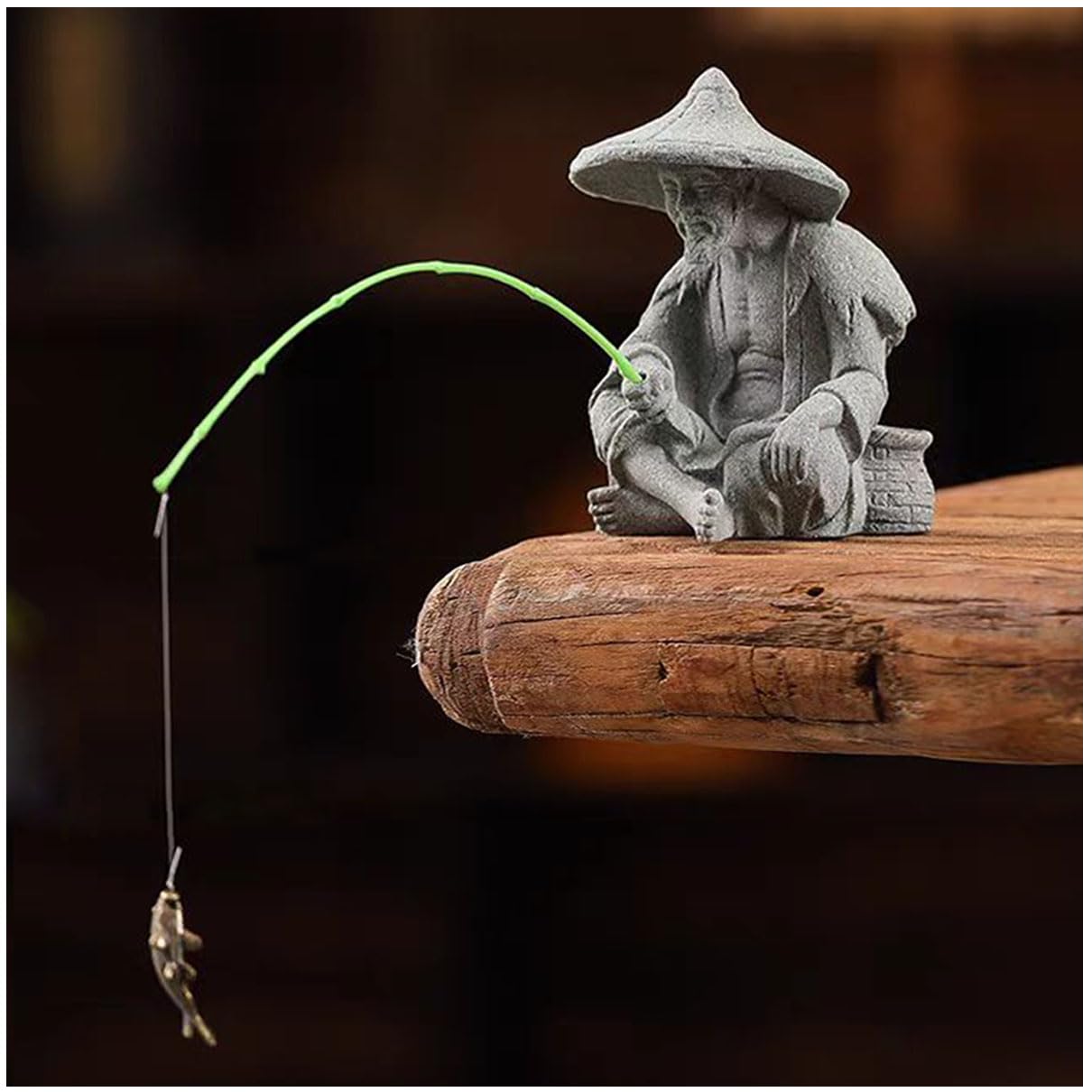 livelyfish Aquarium Fisherman Statue Asian Zen Decoration Sitting Fishing Figurines Sandstone Vintage Ornament for Aquarium Fish Tank Pot Garden Home Japanese Decor (C2)