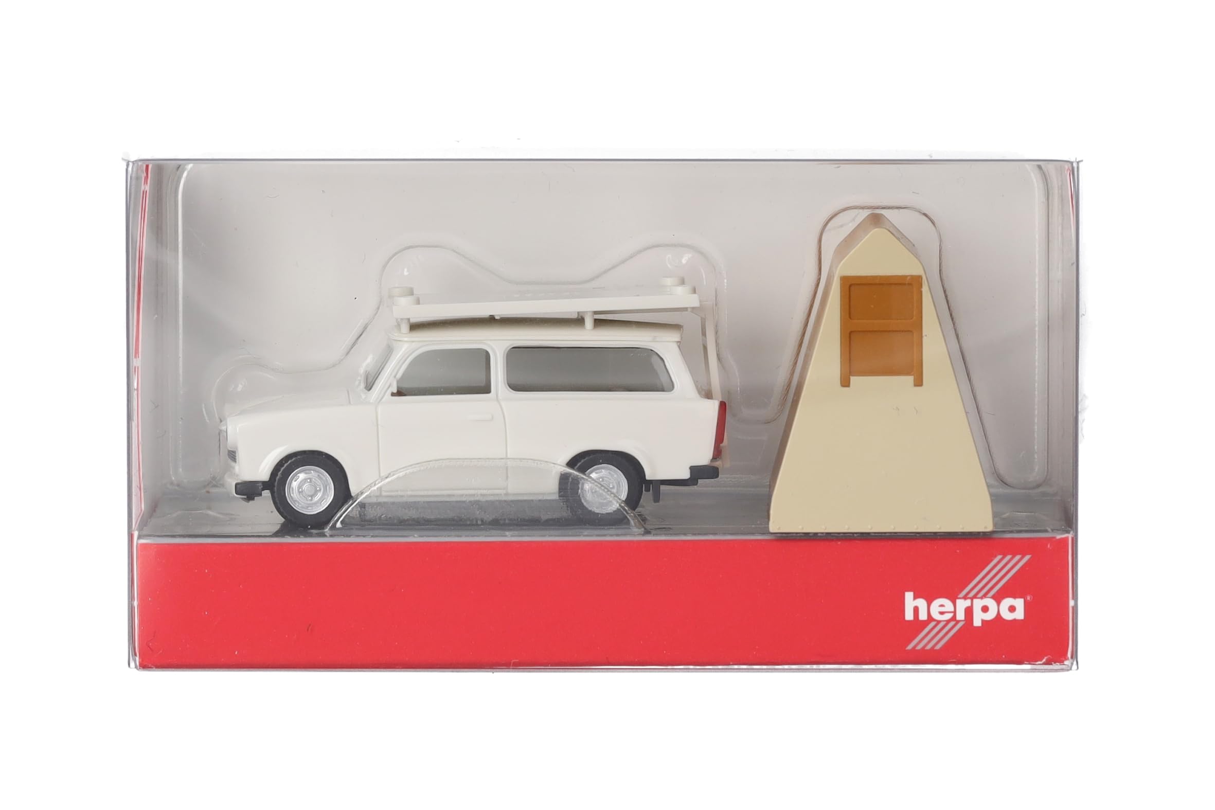 Herpa Modellauto Trabant 601 Universal mit Dachzelt, Miniatur im Maßstab 1:87, Sammlerstück, Made in Germany, Modell aus Kunststoff, Grauweiß