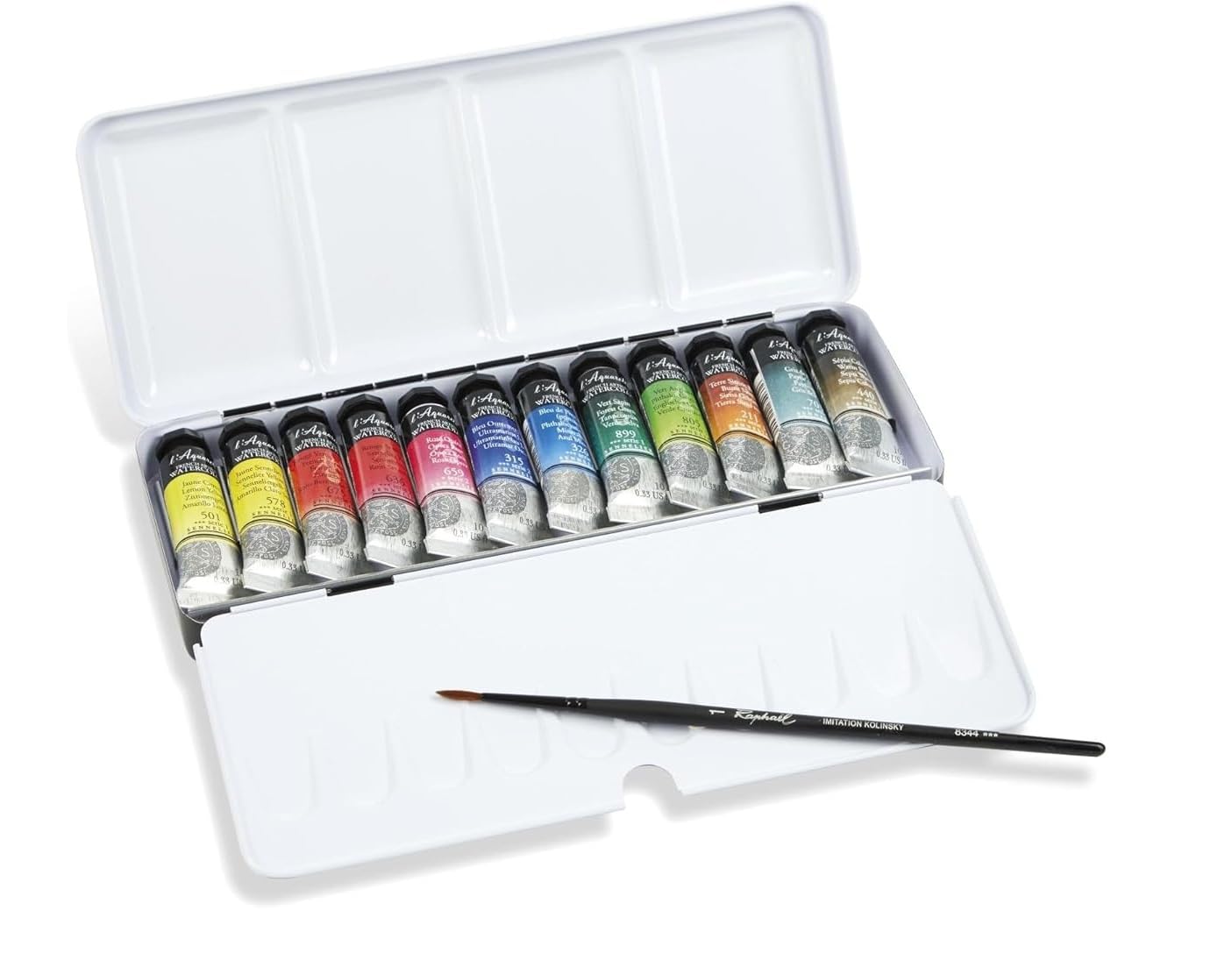 Sennelier Water Color Extra-Fines, 12 tubek po 10 ml, metalowe pudełko, ze szczotką i smugą