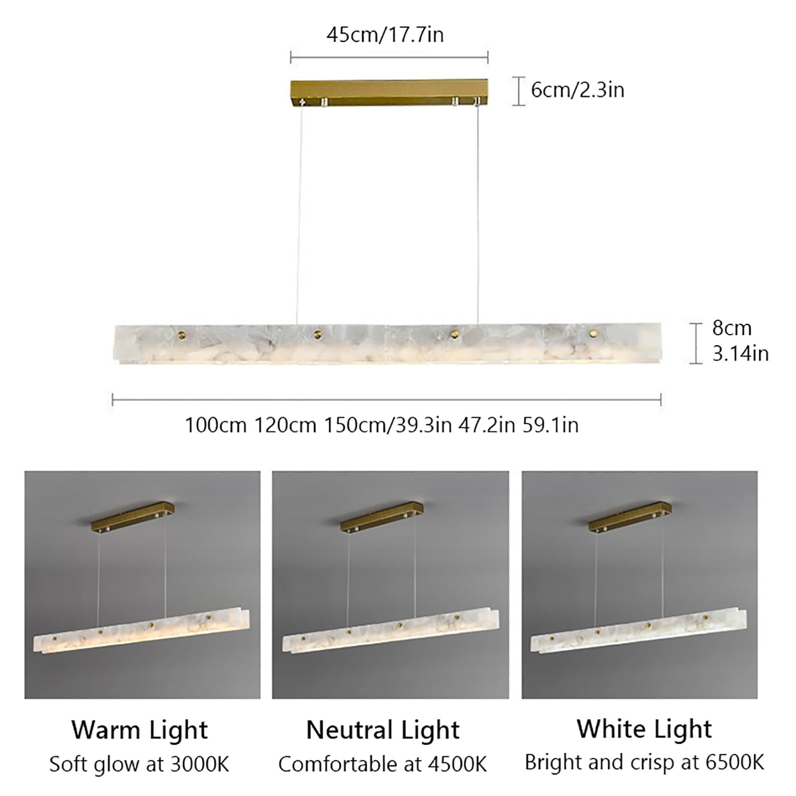 Lampadario Rettangolare in alabastro per Isola Cucina, Lampada a Sospensione a LED dimmerabile, Moderno, lineare, Effetto Marmo, per Sala da Pranzo, Soggiorno, Camera da Letto (100