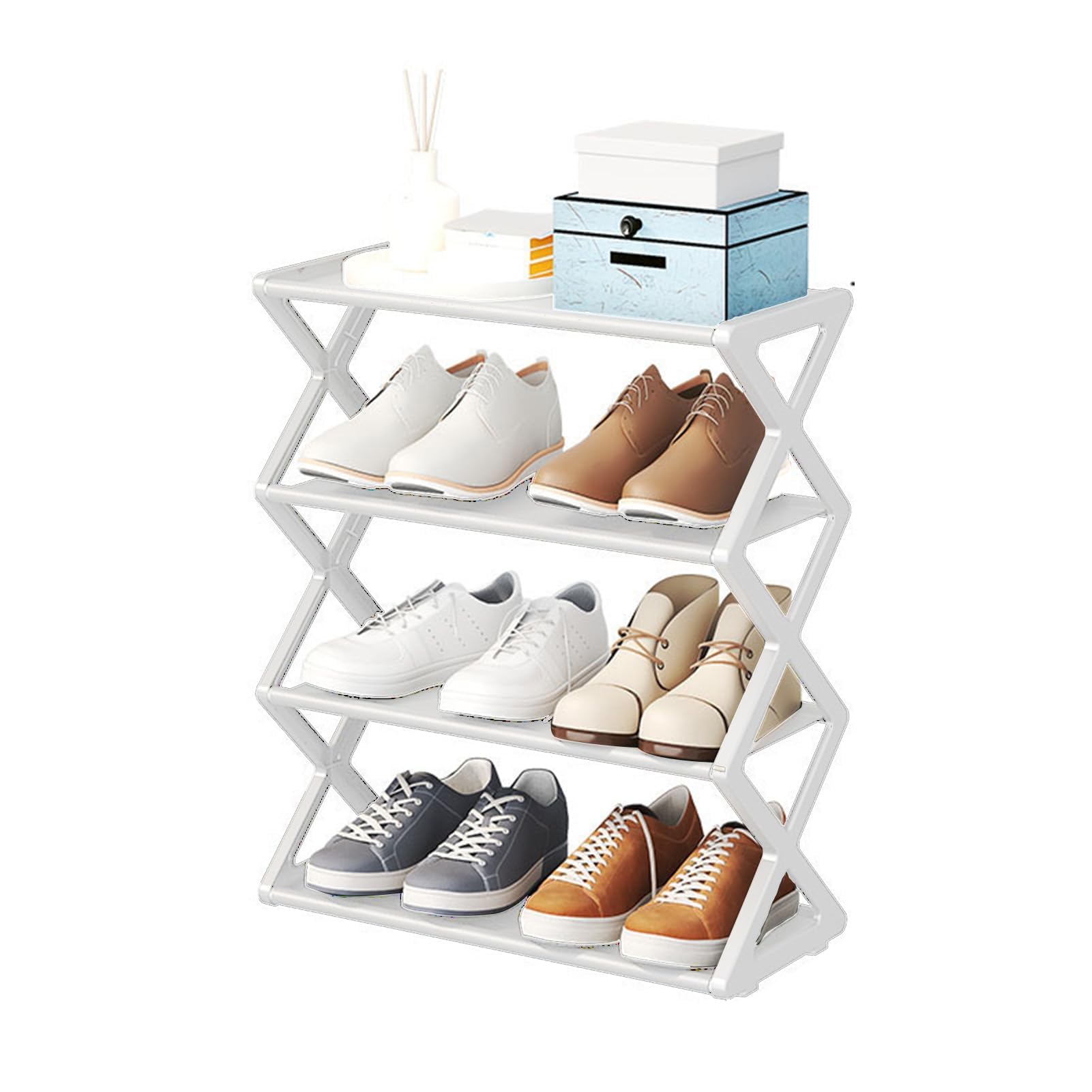 Pssopp 4-Tier Foldable Shoe Rack, Thick Plastic Collapsible Shoe Storage, Space Saving Adjustable for Entryway, Closet & Hallway - Black/White