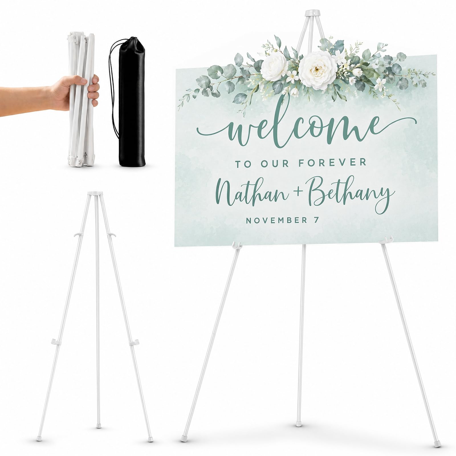 Cavalletto per Tableau Matrimonio ed Esposizione Pieghevole, Treppiede in Metallo Bianco 160cm con Borsa, Supporto per Cartello Benvenuto, Feste, Negozi e Poster