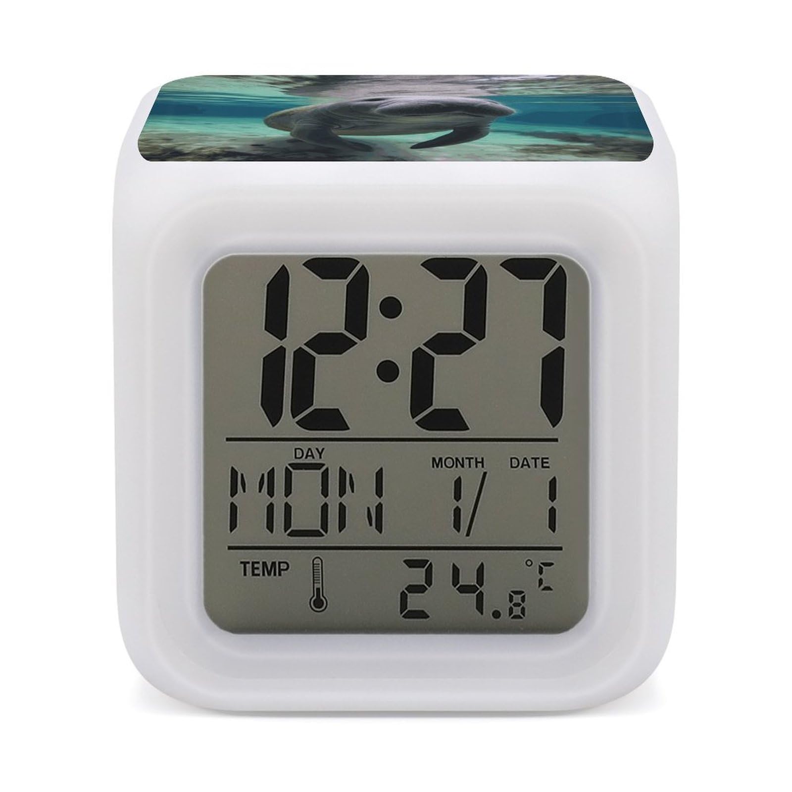JTREHY 7 Color Changing LED Digital Alarm Clock,Cute Sea Animal Manatee Printed Wake-up Clock with Temperature Display Home Decoration Alarm Clock for Bedroom Office
