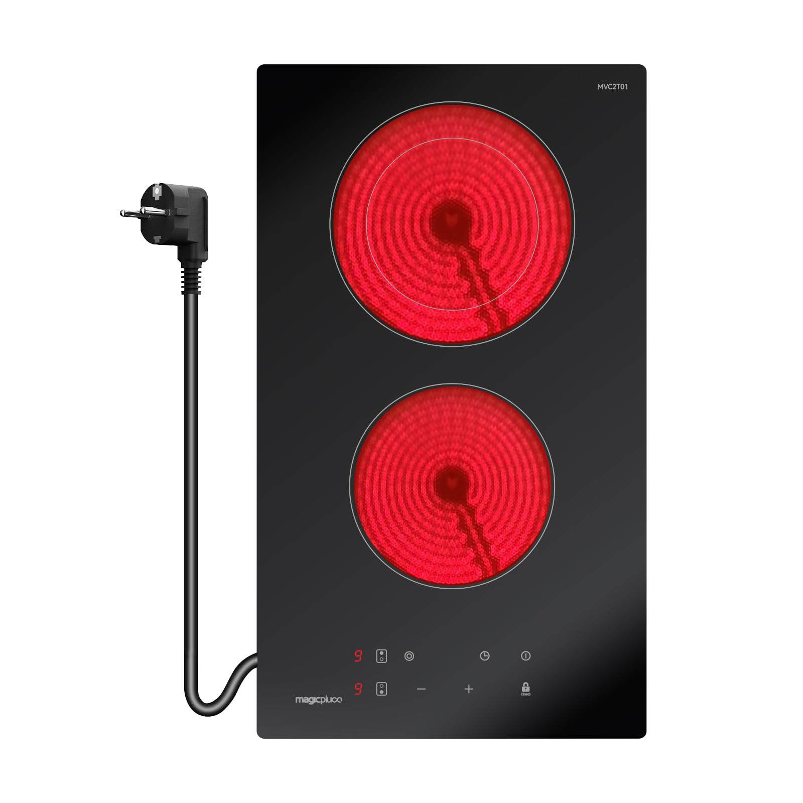 magicplux Piastra Cottura Vetroceramica 2 Zone, 3400 W, 29,5 cm, 9 Livelli di Calore, Controllo Tattile, Blocco Bambini, Timer 1-99 Min, Compatibile con Tutte le Pentole, con Spina