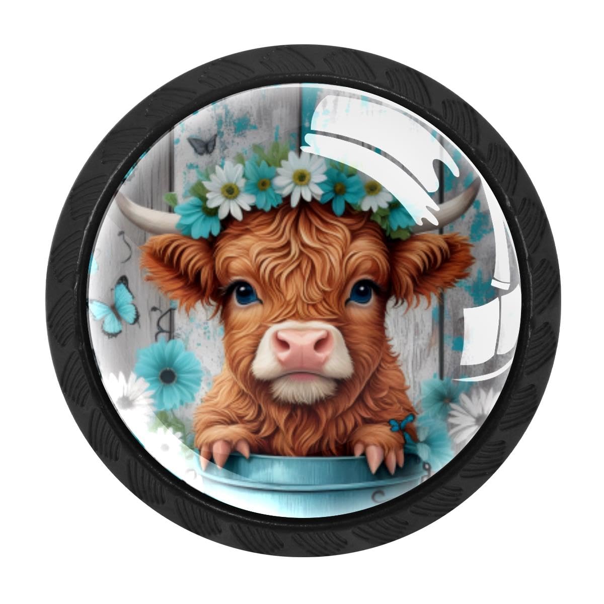 4 PCS Cabinet Knobs, Highland Cow Teal Daisy Drawer Knobs Dresser Handles