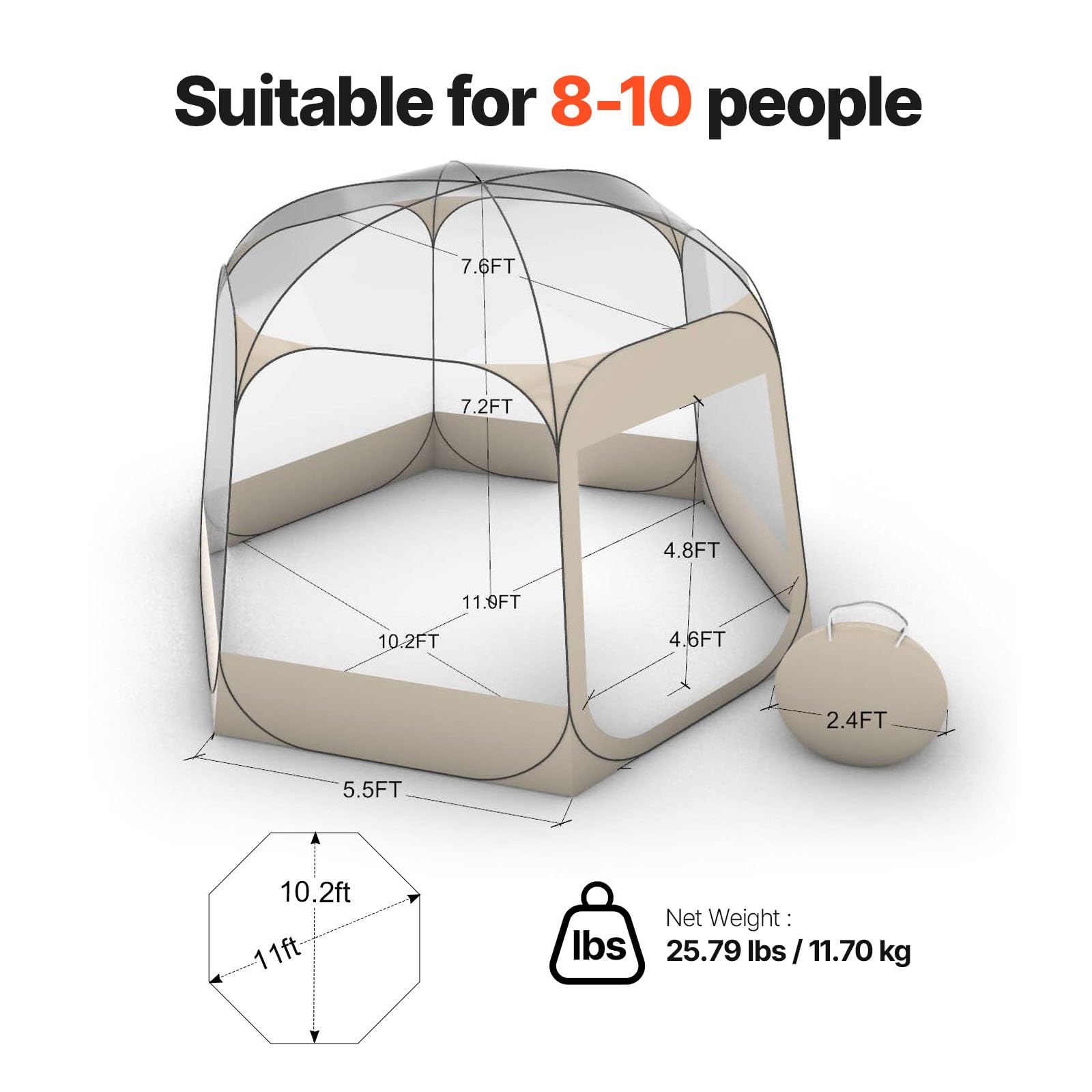 VEVOR Tienda de Campaña Plegable, 336 x 305 x 220 cm, Impermeable y Resistente a Los Rayos UV, Tienda Transparente con Ventanas y Vista Panorámica de 540° para 8-10 Personas para Patio y Jardín