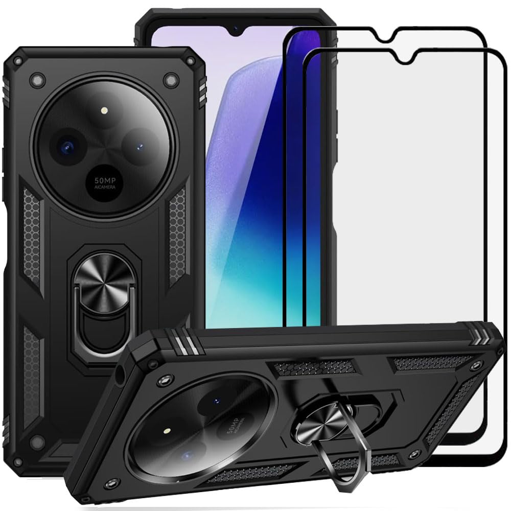LosruGir for Xiaomi Redmi 14C Case with Glass Screen Protector[2 Pack], Hybrid Heavy Duty Dual Layer Anti-Scratch Shockproof Defender Kickstand Armor