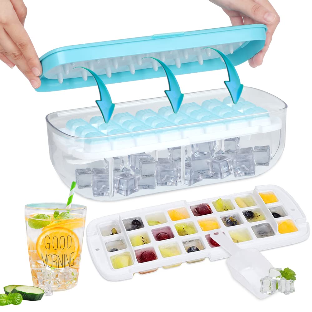 VECH Ice Cube Trays for Freezer with Lid and Storage Bin Silicone Tiny Ice Cube Tray with Splash-proof Release Cover for Container 24-Ice Easy Release Ice Cube Trays Suitable for Freezer and BPA Free
