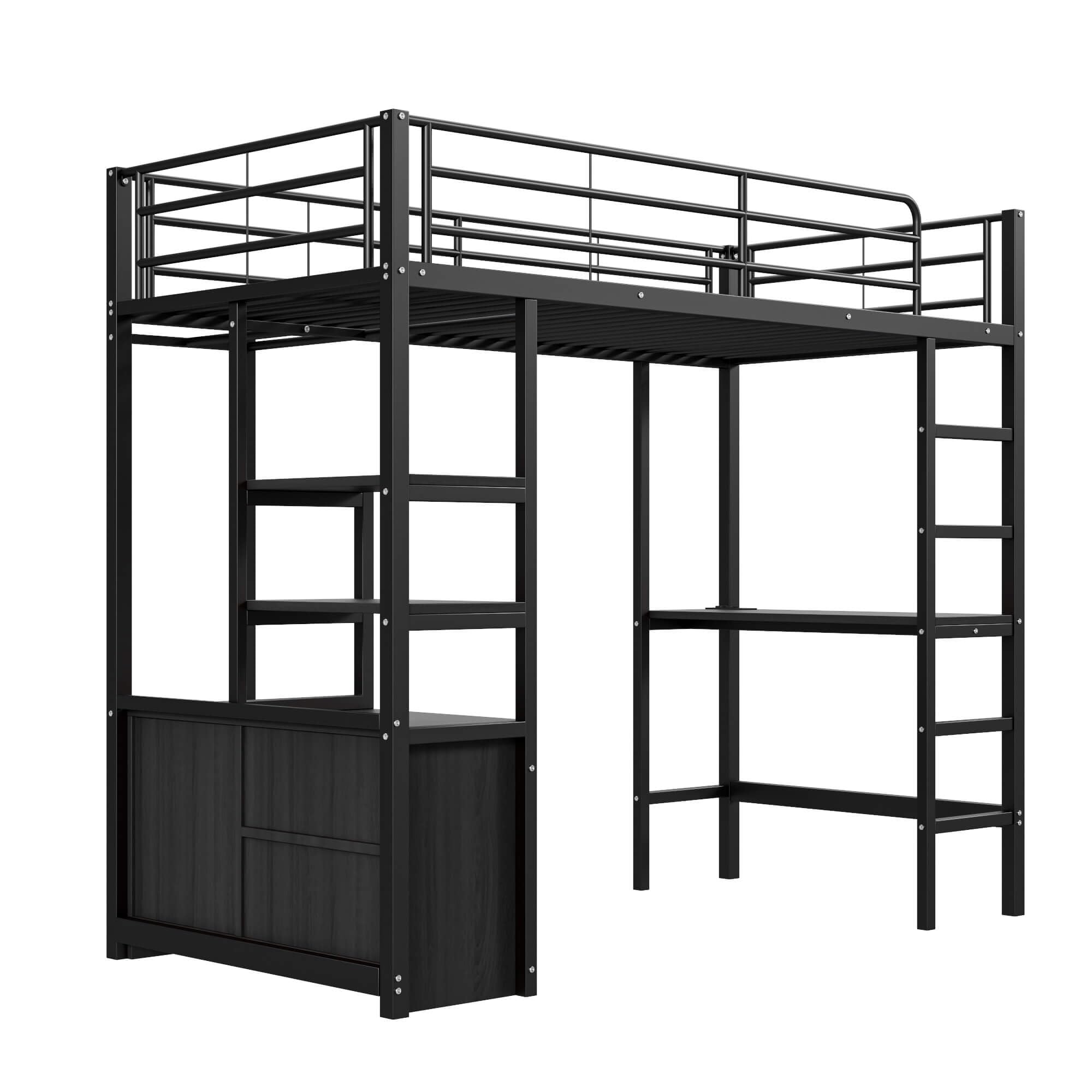 Metalowe łóżko na poddaszu 90 x 200 cm z biurkiem i miejscem do przechowywania, łóżko piętrowe z szafą do przechowywania i stelażem, rama łóżka zabezpieczona przed upadkiem, łóżkiem dziecięcym
