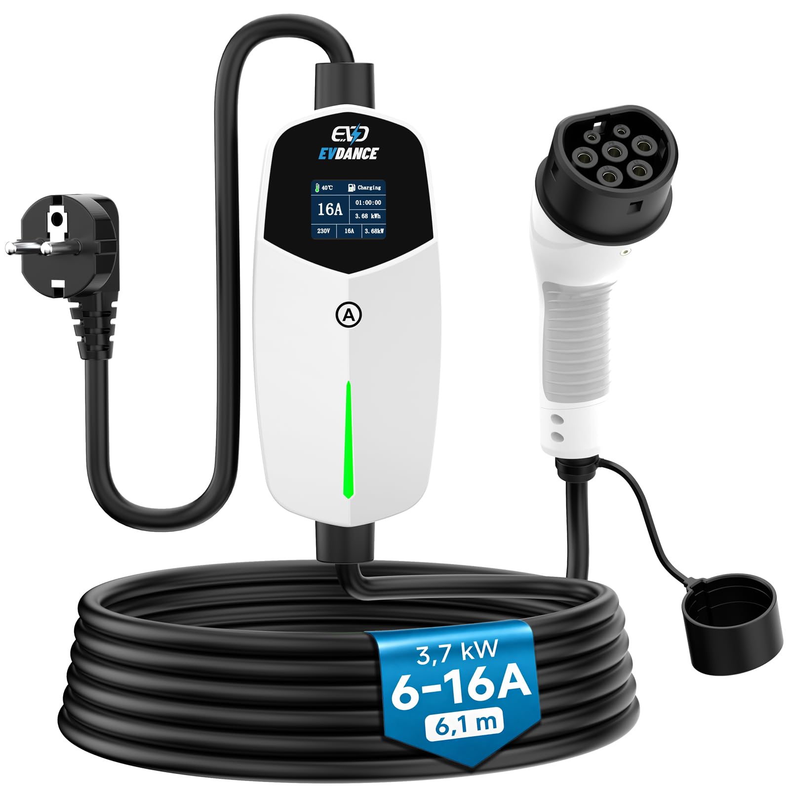 EVDANCE Cargador Coche Electrico Schuko 3,68kW, 6-16A, 6,1m, Portátil IP66