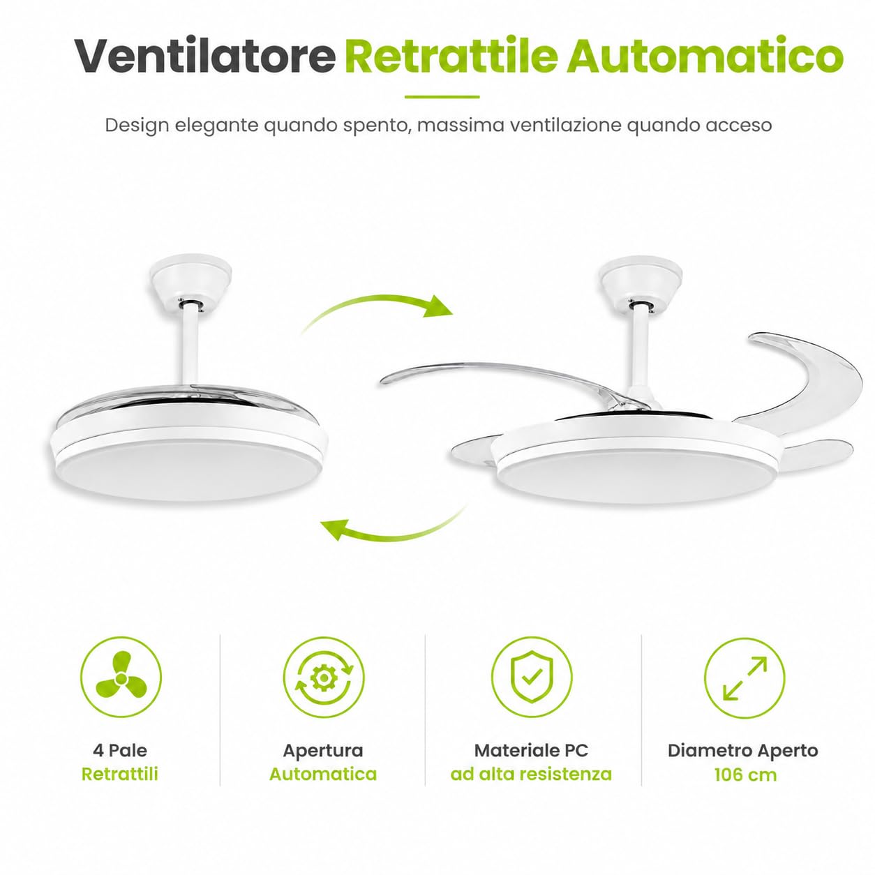 Ventilatore da Soffitto con Luce LED 36W e Telecomando | Pale Retrattili 106 cm | 6 Velocità Motore DC | CCT 3000K 4000K 6500K | Lampadario Ventilatore Moderno