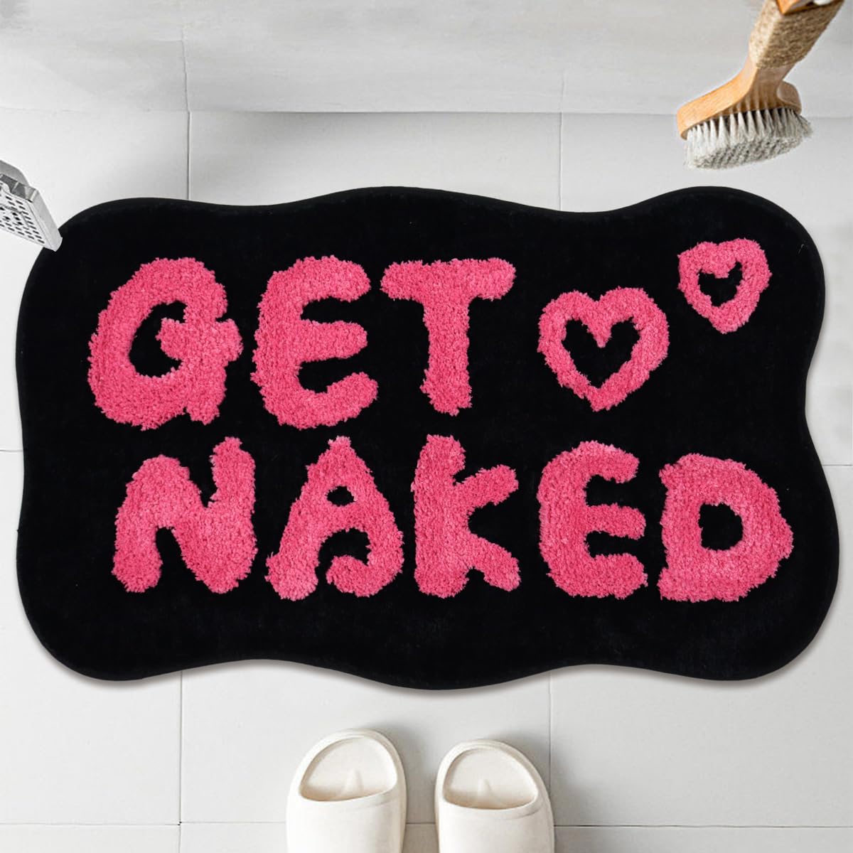 Qleewei Get Naked Bath Mat Fun Bathroom Rugs Soft Non Slip Cute Bath Rugs Funny Bathroom Decor for Bedroom (Black-Rose)