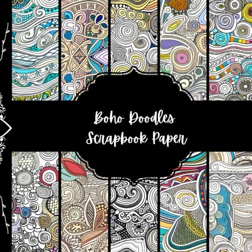 Boho Doodles Scrapbook Paper, Abstract Junk Journal Paper, White Decorative Paper, DIY Projects, Origami Paper, Collage Sheets, Decoupage Paper, 8,5" by 8,5" inches, 10 Designs, 40 Pages image 2