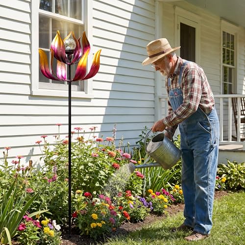 Image of Solar Wind Spinners Outdoor for Yard and Garden, 61'' Lotus Kinetic Wind Sculptures with Color Changing LED Crackle Glass Globe, Metal Yard Art Decor for Patio Lawn, Garden Gifts for Women /Mother