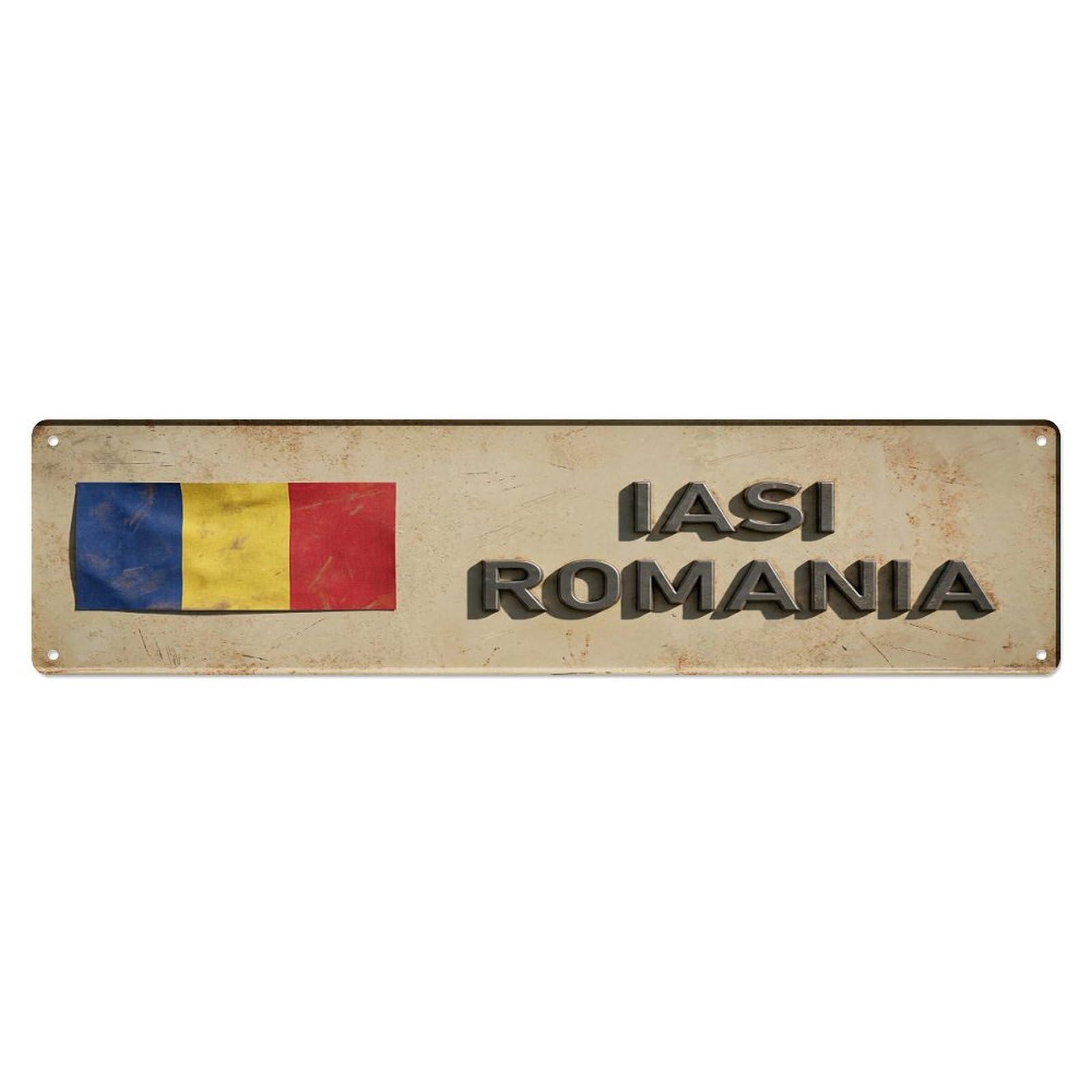 Vintage Iasi Romania Flag Decor Rustic Travel Metal Tin Sign