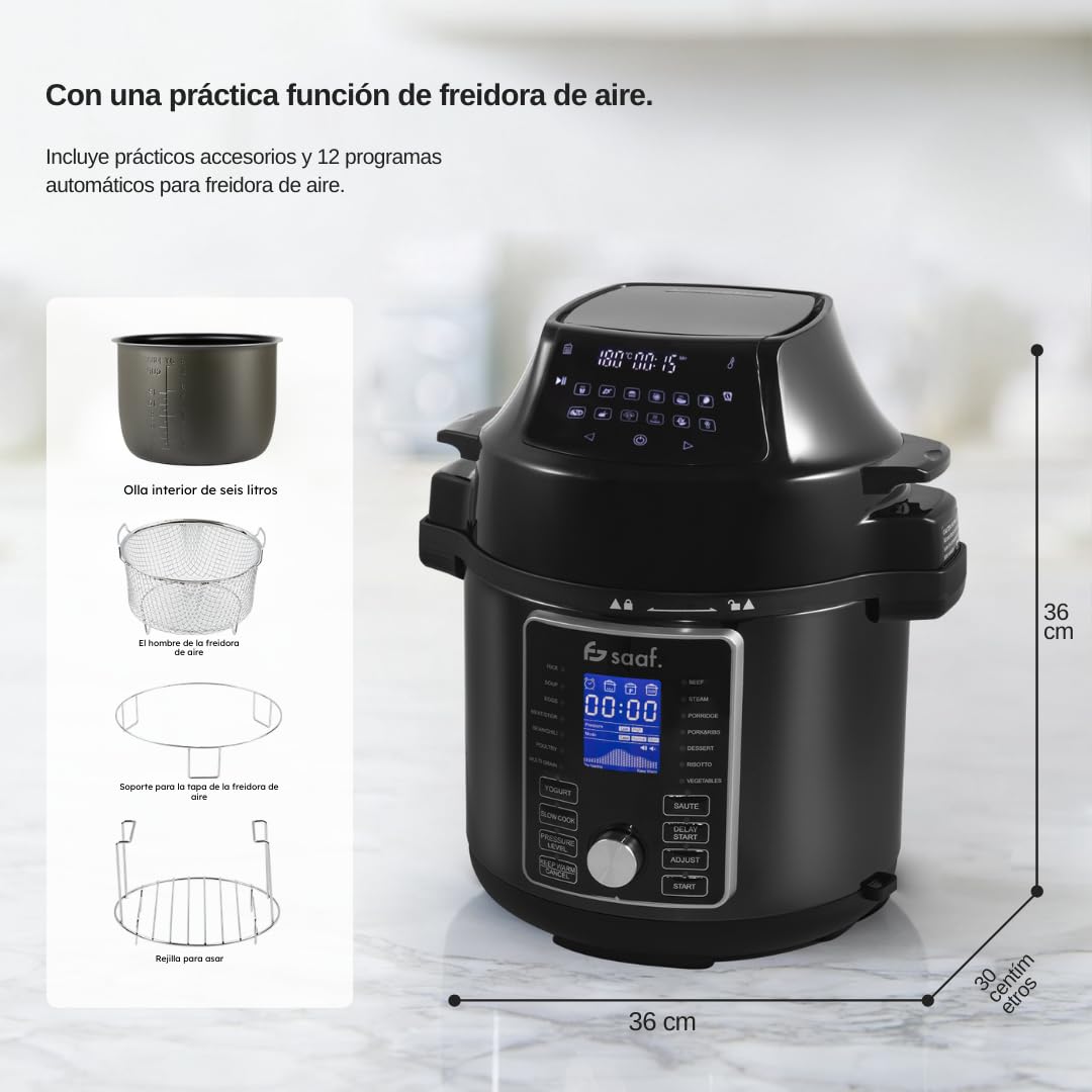 Saaf Multicooker con Airfryer – Set de 15 Piezas – 24 Programas – Slowcooker, Arrocera, Vaporizador & Olla a Presión – 6L – Incluye Cesta, Olla & Libro de Recetas – Pantalla Digital