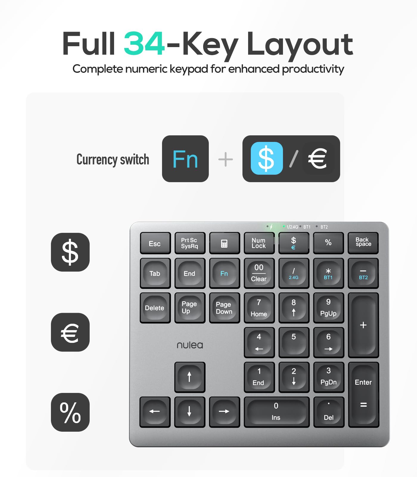 Nulea Kabelloses tragbares Ziffernblatt mit Bluetooth 5.0, wiederaufladbar über USB-C, 34-Tasten-Bluetooth-Tastatur zur Dateneingabe, kompatibel mit Laptop, Mac, iMac, Tablet, PC-Desktop