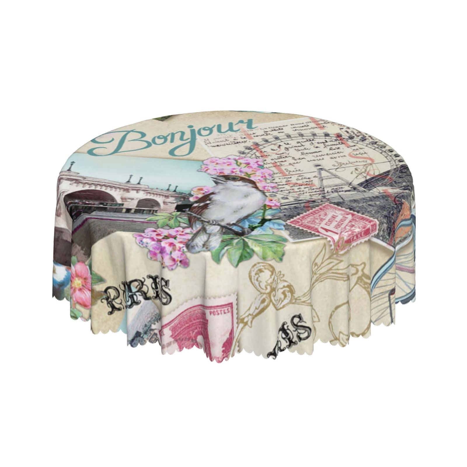 Lsjuee Vintage Paris Landscape Romance Round Tablecloth 60 Inch Printed Washable Tablecloth for Dining Party Holiday Fall Home Decorative