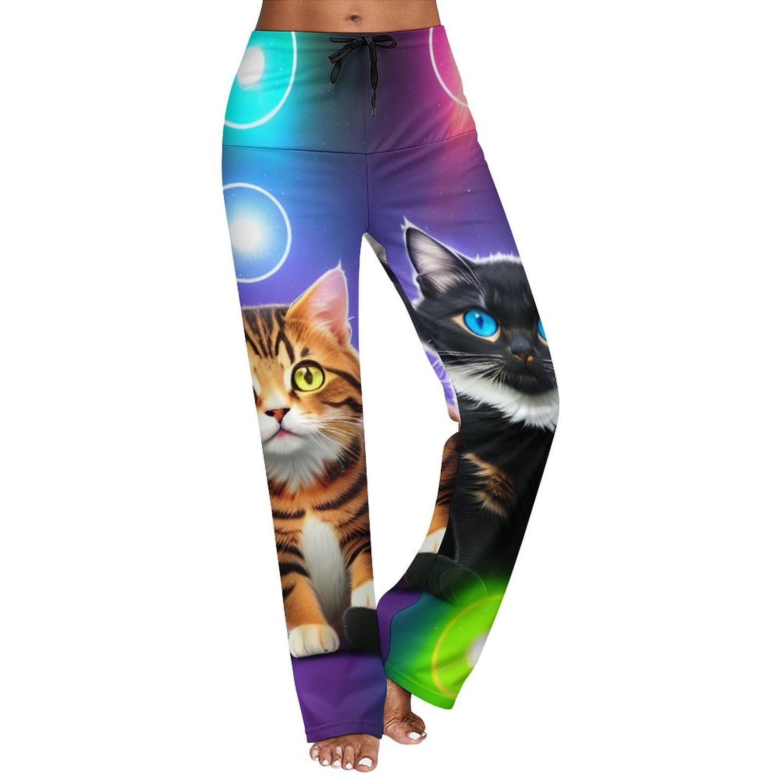 JZDACH Women's Classic Stretchy Pull On High Rise Drawstring Yoga Pants Straight, Compatible with Two Cats with Bubbles, Large