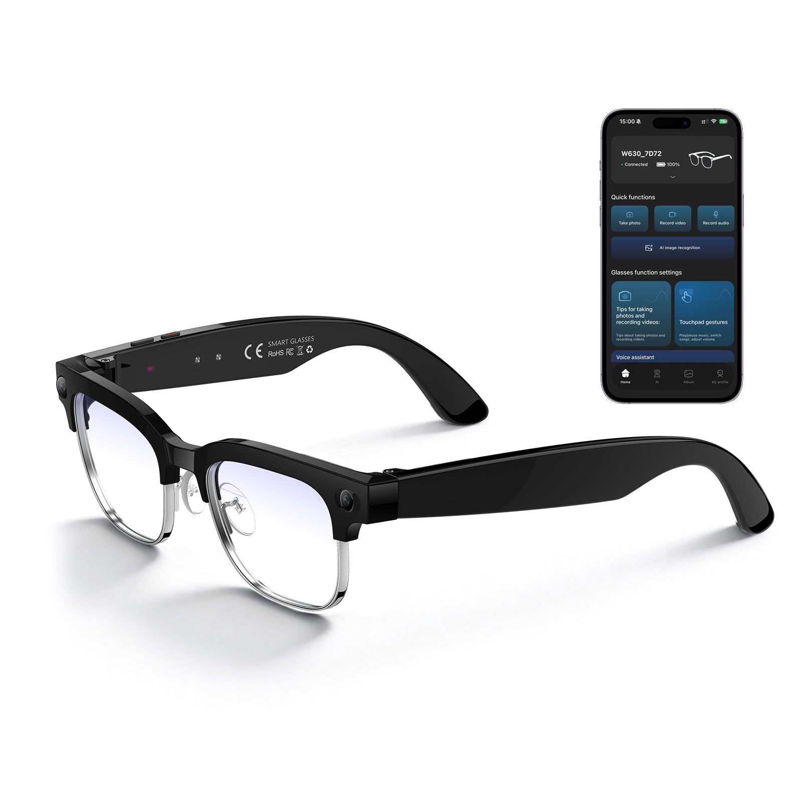 KWENRUN AI Smart Glasses with 8MP Camera, 1080P Video & HD Photo, Bluetooth Audio, AI Voice Assistant, Real-Time Translation, Object Recognition, Noise-Cancel Calls, Music, Photochromic Lenses