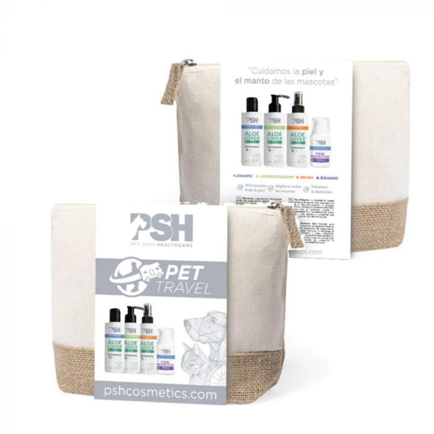 PSH Pet Travel Pack - Estuche de Viaje para Perros y Gatos - Incluye Champú, Acondicionador y Bruma Aloe Lover y Bálsamo para Almohadillas - Cosmética para Mascotas Apta para Todos los Mantos