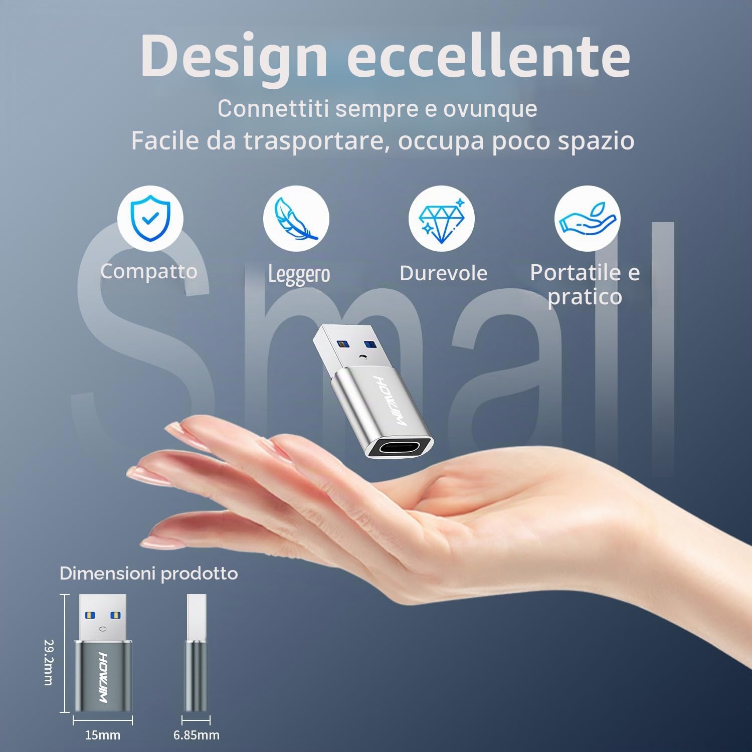 Adattatore da USB a USB C 2 Pezzi, Ricarica Rapida PD27W/66W QC100W, Trasferimento Dati 5Gbps, Adattatore da Type C Femmina a USB3.0 Maschio Argento