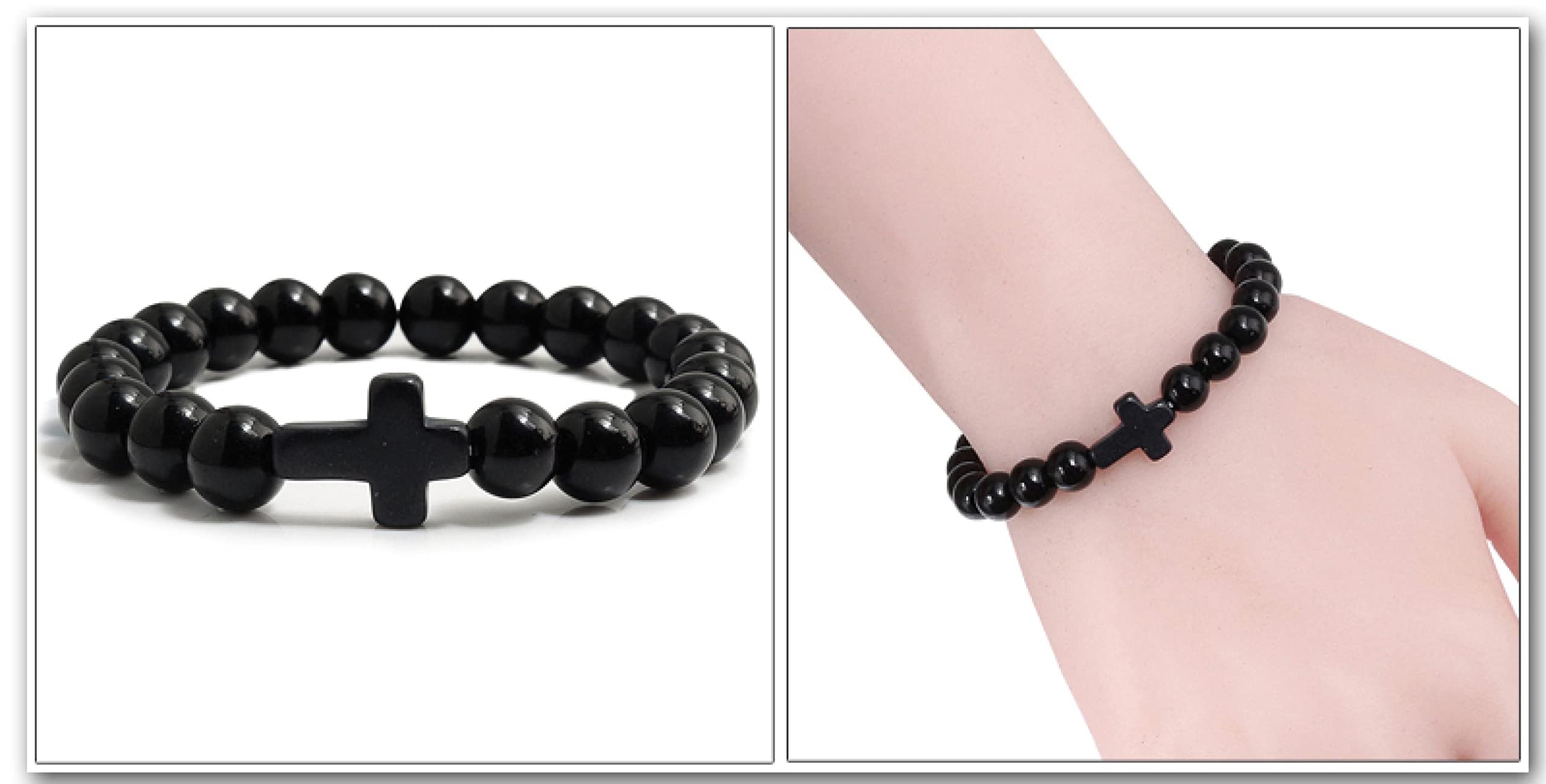 WZGWDC Armbänder Damen Damen Armband Mädchen Geschenk Charm Naturstein Kreuz Schwarz Lava Matte Perlen Handgemacht Männer Gebet Fitness Kette Paar
