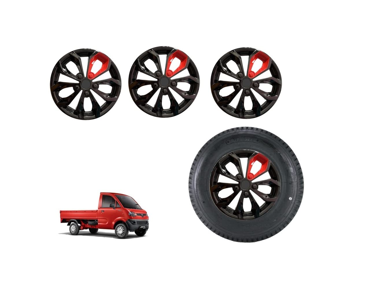 Car Wheel Cover/Cap Hubcaps Fury Black and Red Strip 12 Inches Compatible with Mahindra JEETO (Set of 4 Pcs.)-image-13