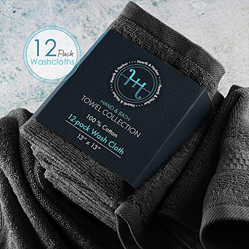 Image of Hearth & Harbor Washcloths 12 Pack - 100% Cotton Washcloth for Body and face, High Absorbent and Soft 13 inchx13 inch Body Wash Cloth, Quick Dry - Black Washcloths