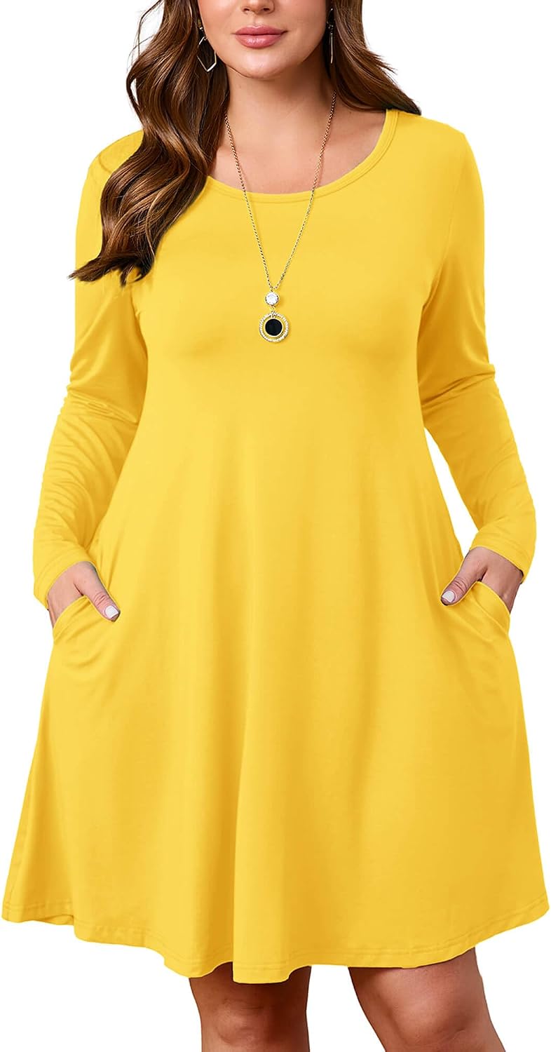 AusLook Women's Plus Midi Dress Long Sleeve Crew Neck A-Line Swing Flowy Vacation Wedding Guest Knit Dresses with Pocket 1-5X