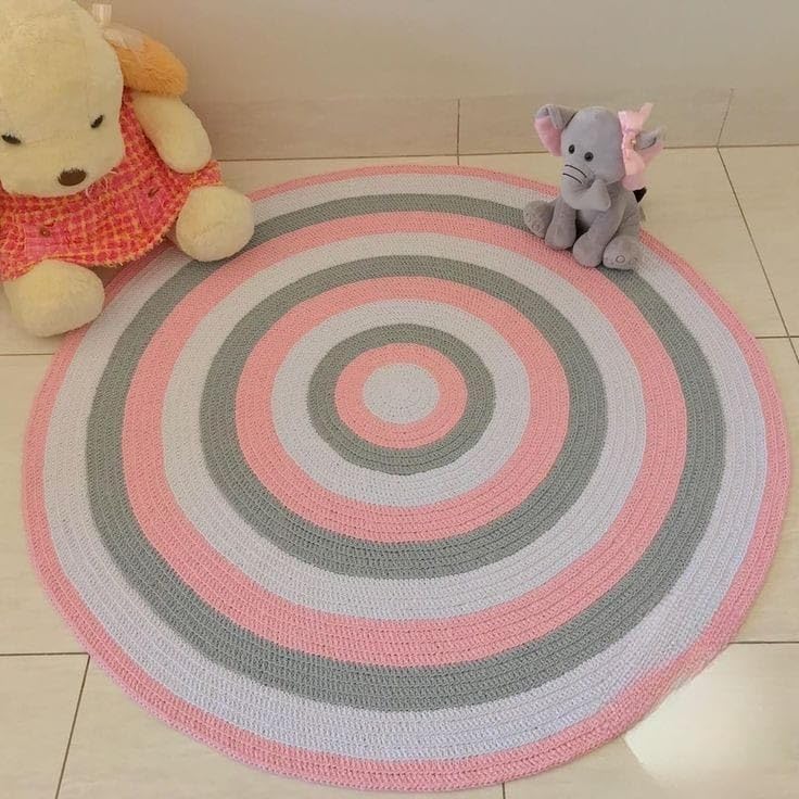 FREEDOO Round Crochet Nursery Rug, 100cm, Pink, Grey & White Striped, Soft Cotton, Cozy, Stylish, Kids Room Décor, Non-Slip, Machine Washable, Modern Design-image-40