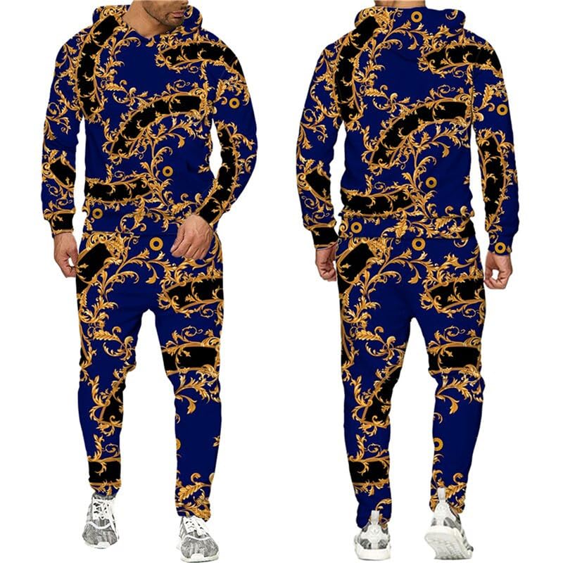 Set di tute da ginnastica da uomo stampate in 3D con motivi dorati di lusso Casual Set 2 pezzi felpa con cappuccio e pantaloni Stile barocco Oversize Moda Abbigliamento sportivo