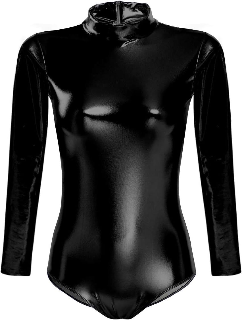 Women Shiny Metallic Long Sleeve Leotard Mock Turtleneck One Piece Bodysuit for Gymnastics Ballet Dance