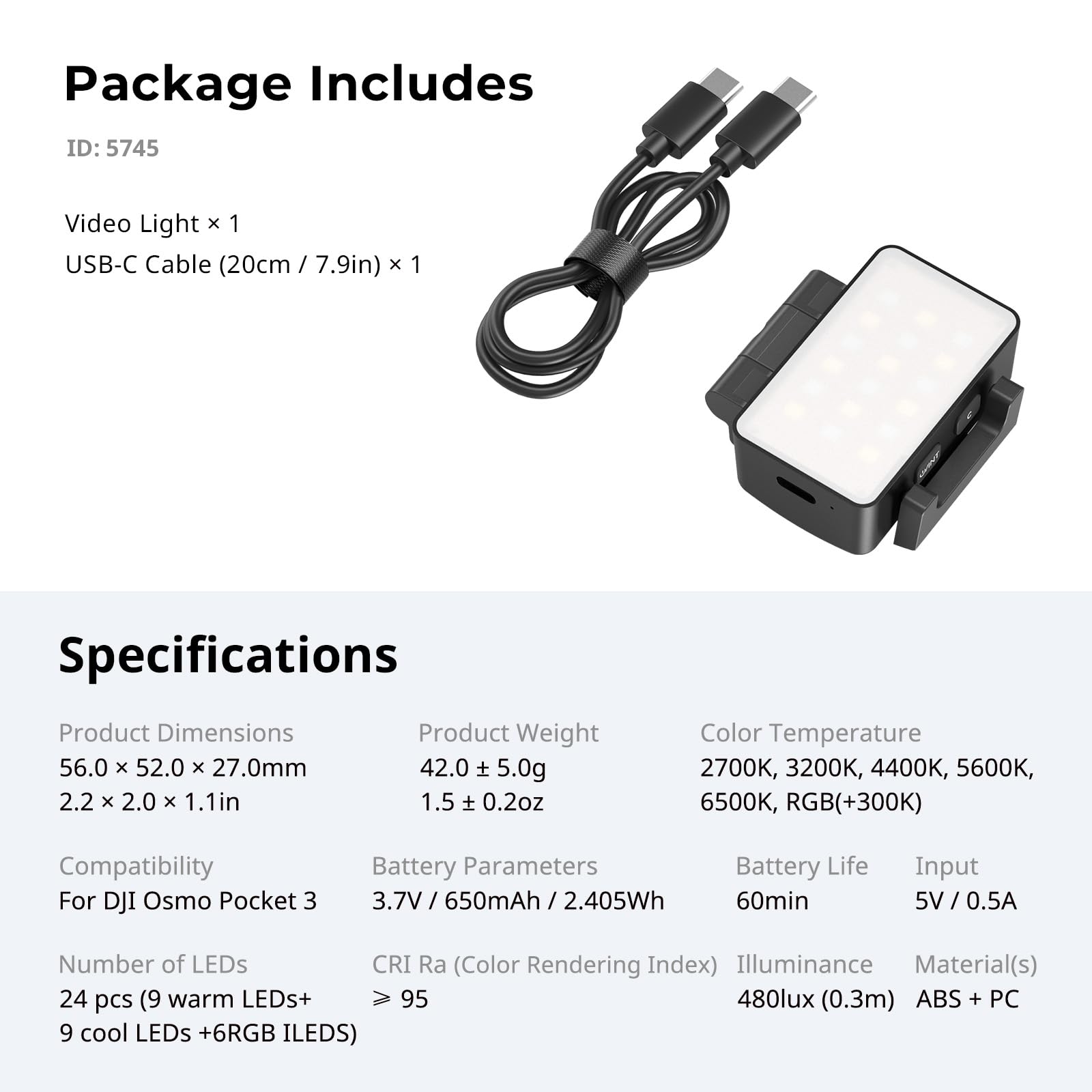 SMALLRIG Éclairage vidéo LED RGBWW pour DJI Osmo Pocket 4/3, avec Batterie 650 mAh, CCT et RGB 2700K-6500K, Orientation 360°, Idéal pour Les Selfies, Vlogs, Créateurs de Contenu - 5745