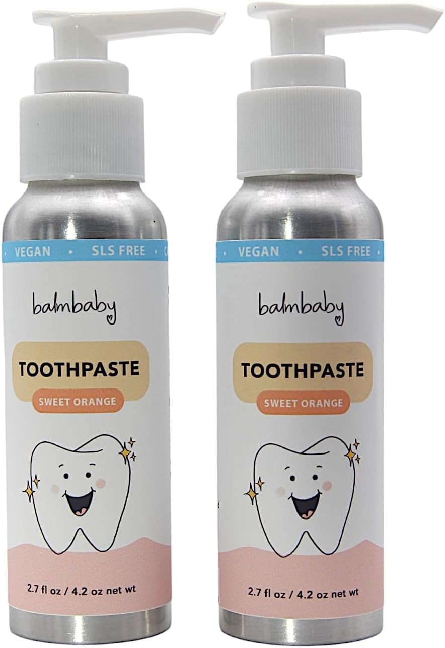 Kids Natural Fluoride Free Toothpaste with Xylitol in a Pump Bottle – SLS Free Toothpaste with Xylitol, Vegan Gluten Free - Kids Teeth Paste in Pump Bottle (2 Pack: Mint & Orange)