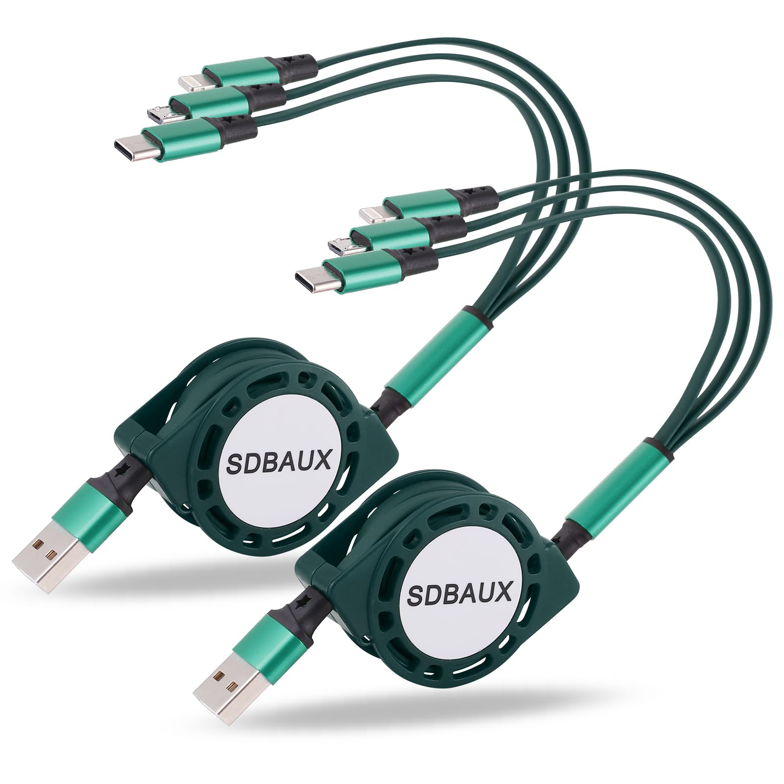 SDBAUX Multi Charging Cable,USB A to 3 in 1 Retractable IP/Type-C/Micro Port Fast Charger Cord for iPhone 16 15 14 13 12 Pro Max Mini,Galaxy S24/S23,Cell Phones Tablets Universal Use (2Pack/Green)