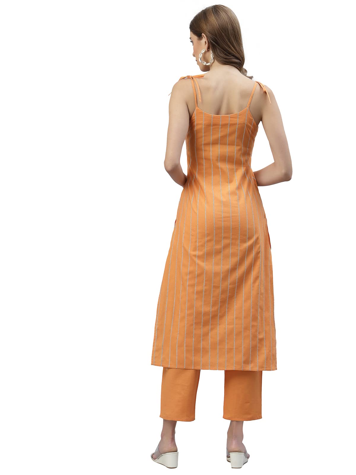 Stylum Women's Self Design Striped Cotton Blend Straight Kurta Pant Set (Salmonknot44_Orange, Xxl)