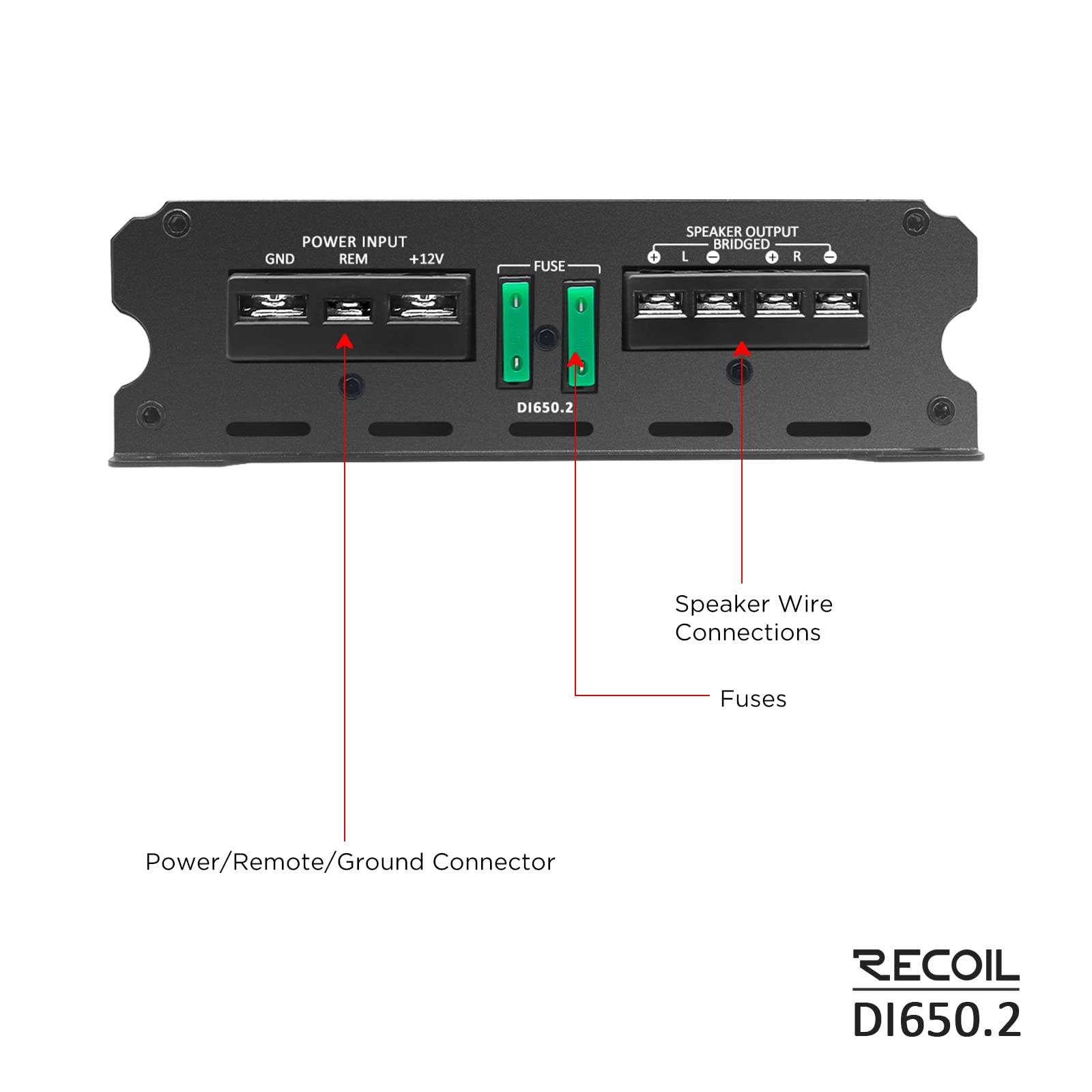 RECOIL DI650.2 2-Kanal Auto Verstärker 1400W Class-D Vollbereichs MOSFET Endstufe, 2-4 Ohm stabil & brückbar