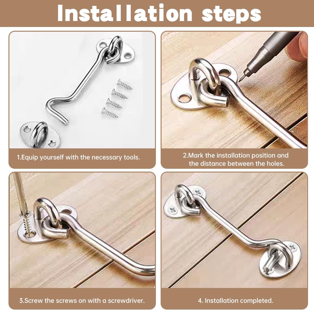 3Pcs 3 Inch Hook and Eye Latch, 75mm Stainless Steel Gate Hook Cabin Hooks, Eye Latch Door Lock Hooks Lock - Image 4