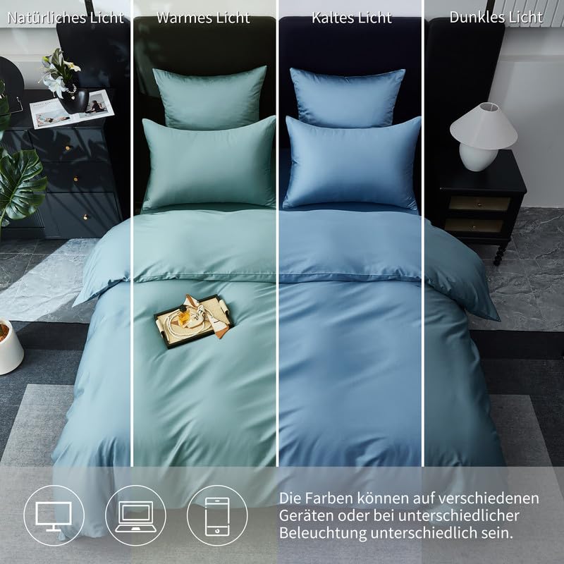Gezu Mako Satin Bettwäsche 155x220cm Baumwollesatin Bettbezug Blau Petrol 3 Teilig Weich Atmungsaktiv Bettwäsche aus 100% Baumwolle Bettbezug 155x220cm und 2 Kissenbezug 80x80 mit Reißverschluss
