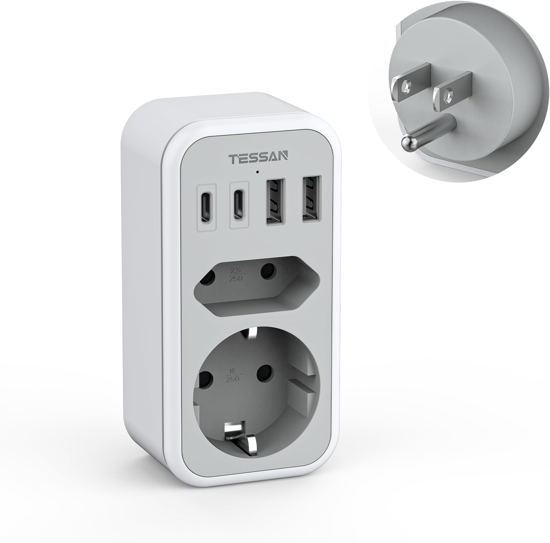 TESSAN Adapter USA Deutschland Stecker, 6 in 1 Reiseadapter Thailand mit 2 USB C und 2 USB A