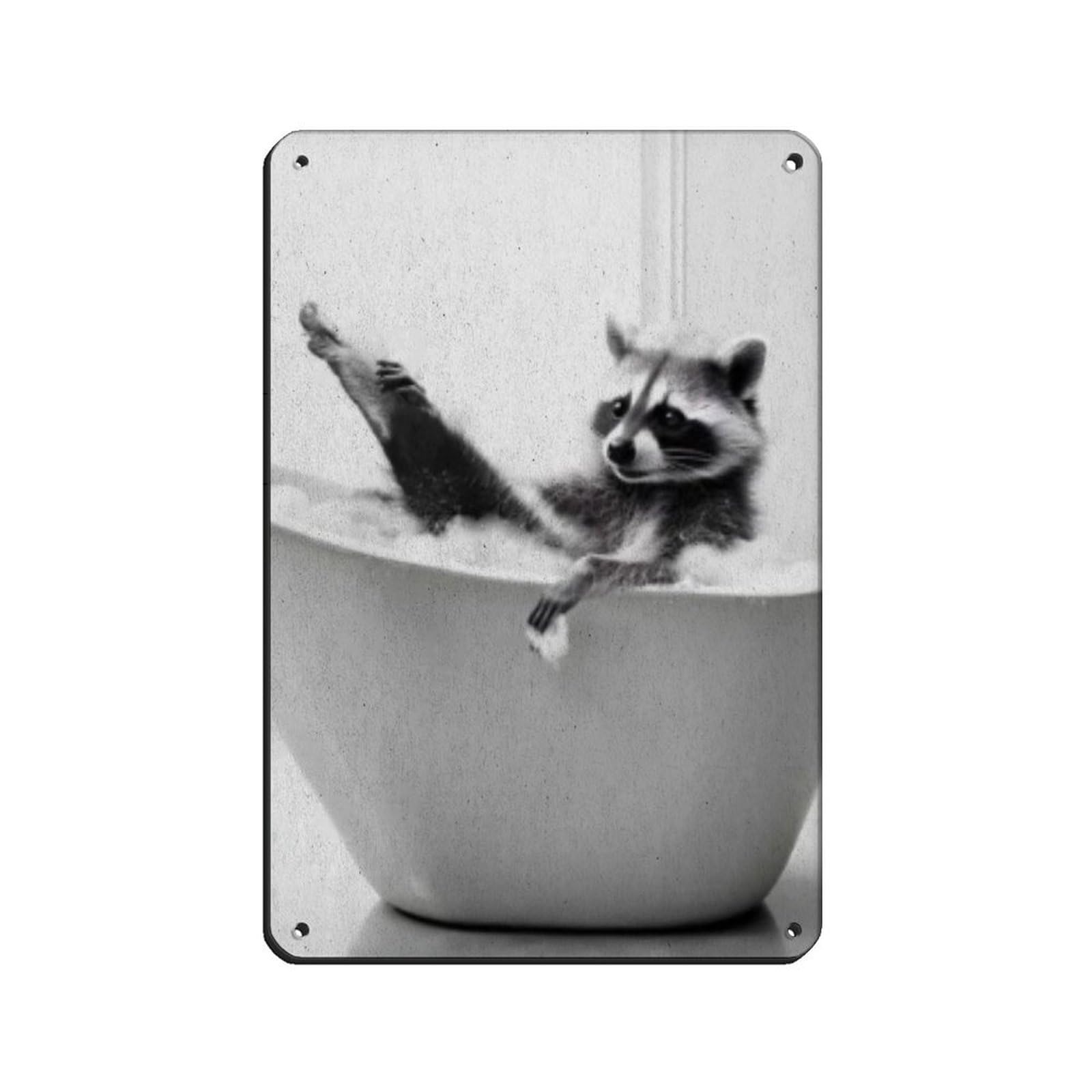 Adorable Raccoon in Tub Bathroom Art Retro Poster Metal Tin Sign Chic Art Retro Iron Painting Bar People Cave Cafe Family Garage Poster Wall Decoration 8x12inch(20x30cm)