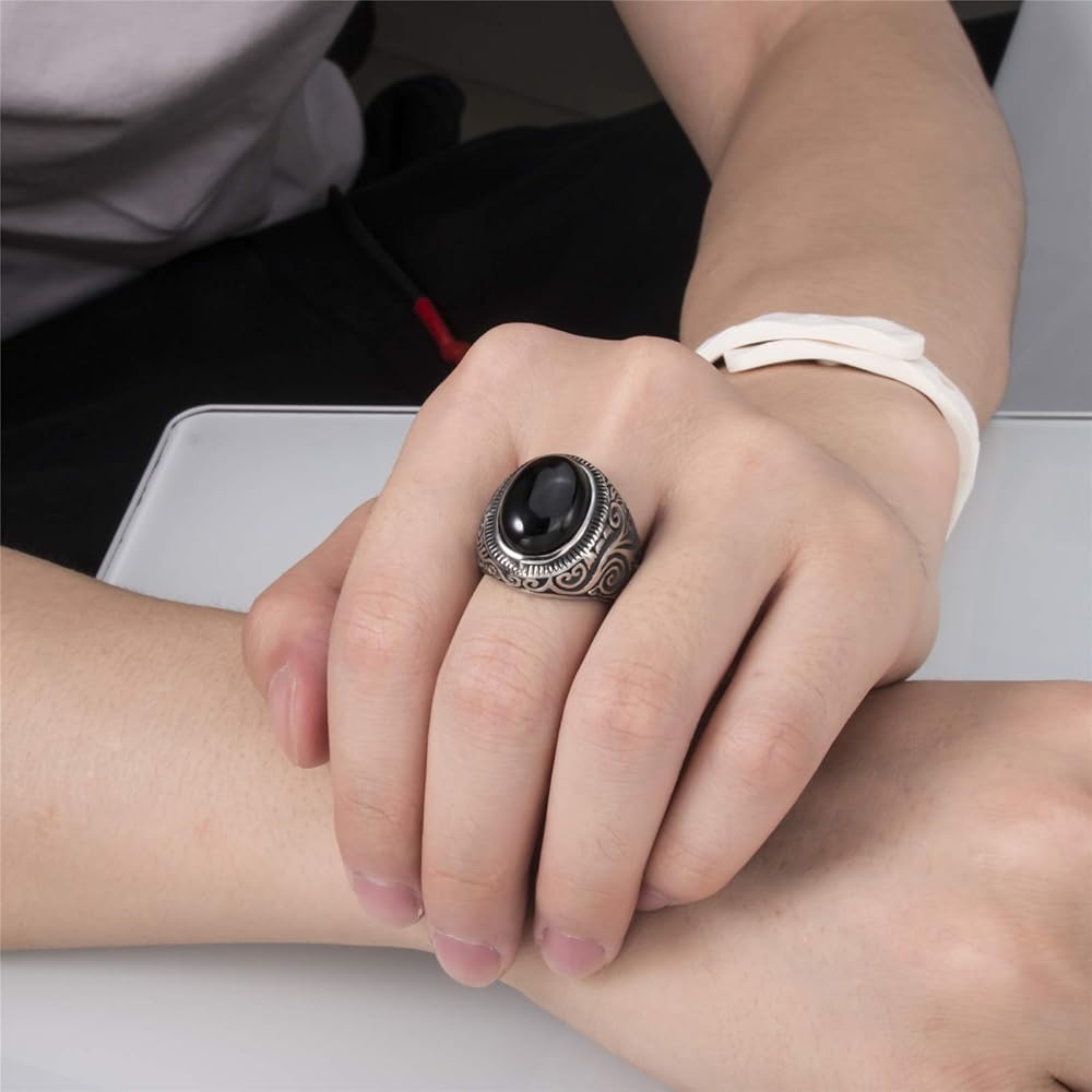 ELFASIO Men Natural Oval Black Onyx Rings Stainless Steel