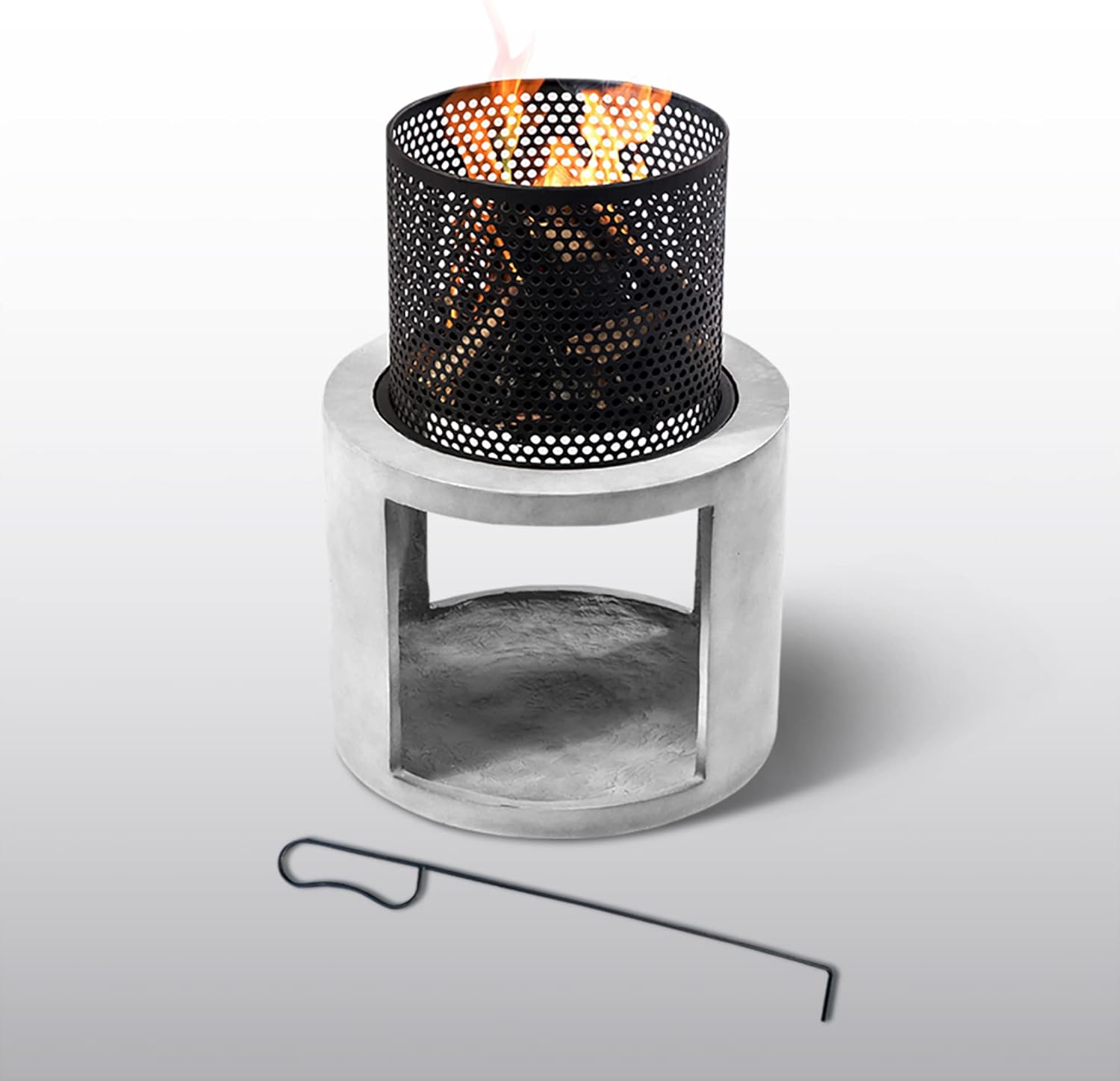 Teamson Home Cylinder Square Outdoor Fire Pit Outside Wood Burning Firepit Bonfire with Log Storage and Poker for Patio Garden Backyard Decoration, 16 Inch, Black/Gray