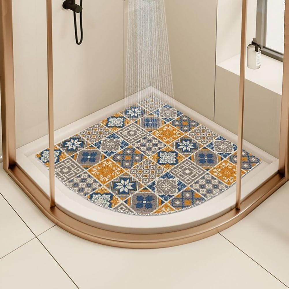 Corner Shower Mat - Non-Slip, Anti-Mould, Curved Quadrant Bath Mat with Drain (Yellow, 70x70cm)