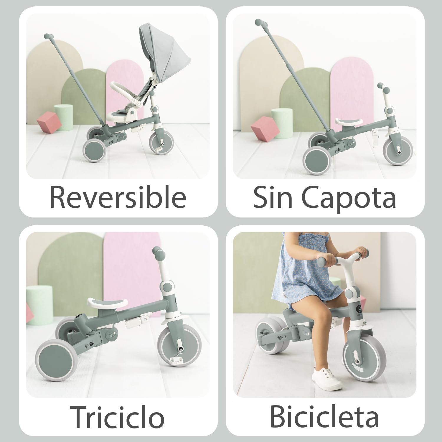Olmitos - Triciclo Evolutivo de Bebé 5 en 1 EVOL - Bicicleta Niños de 1 año hasta 25 Kg - De Triciclo a Bicicleta con o sin Pedales – Respaldo, Barra Seguridad y Capota (Menta) — view 6
